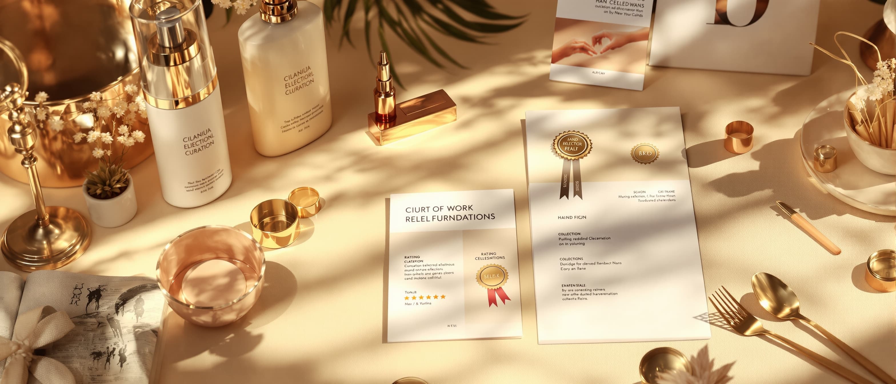 Curation workspace with hand selected product recommendations a warm toned desk setting rating cards badge ribbons