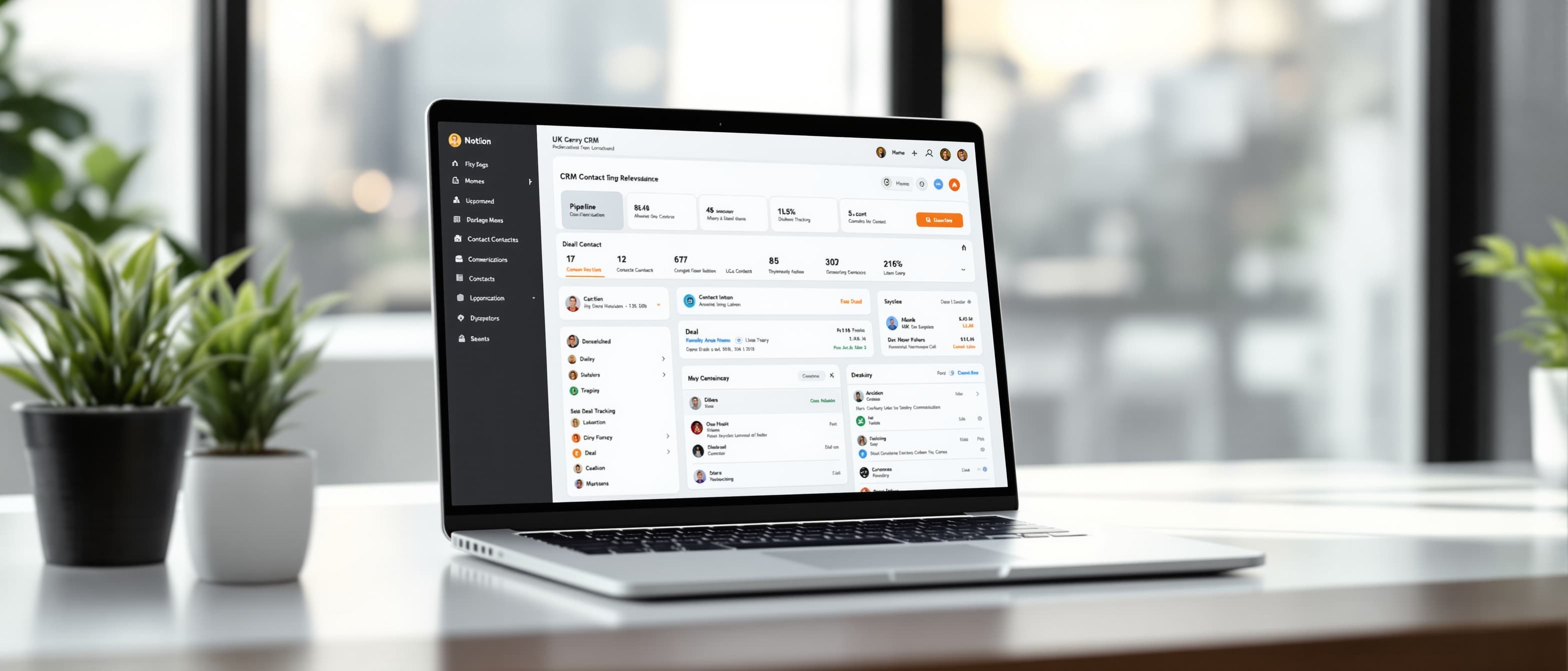 CRM client relationship management dashboard laptop screen with contact organization pipeline stages deal tracking