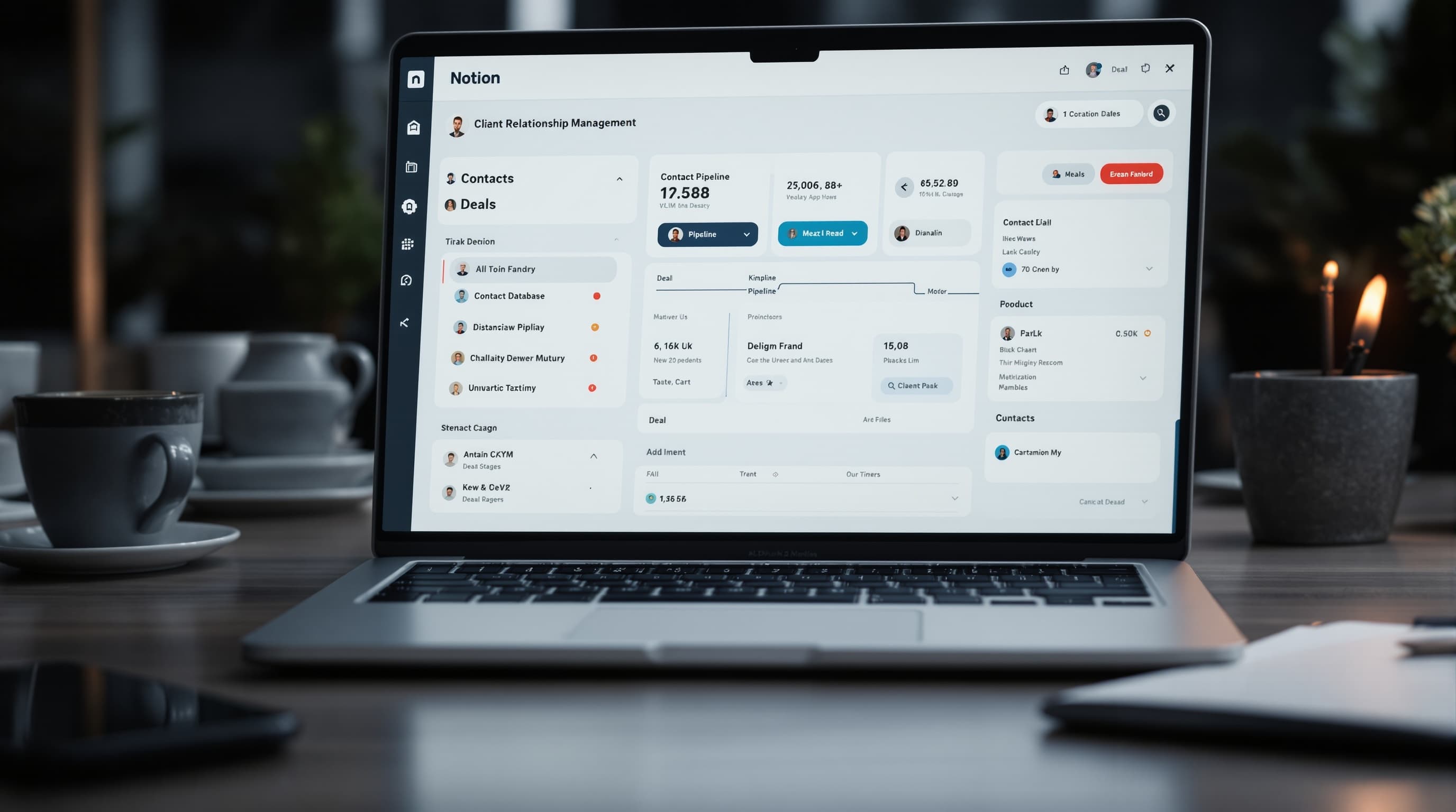 Notion CRM client relationship management system dashboard laptop with contact database pipeline kanban board deal