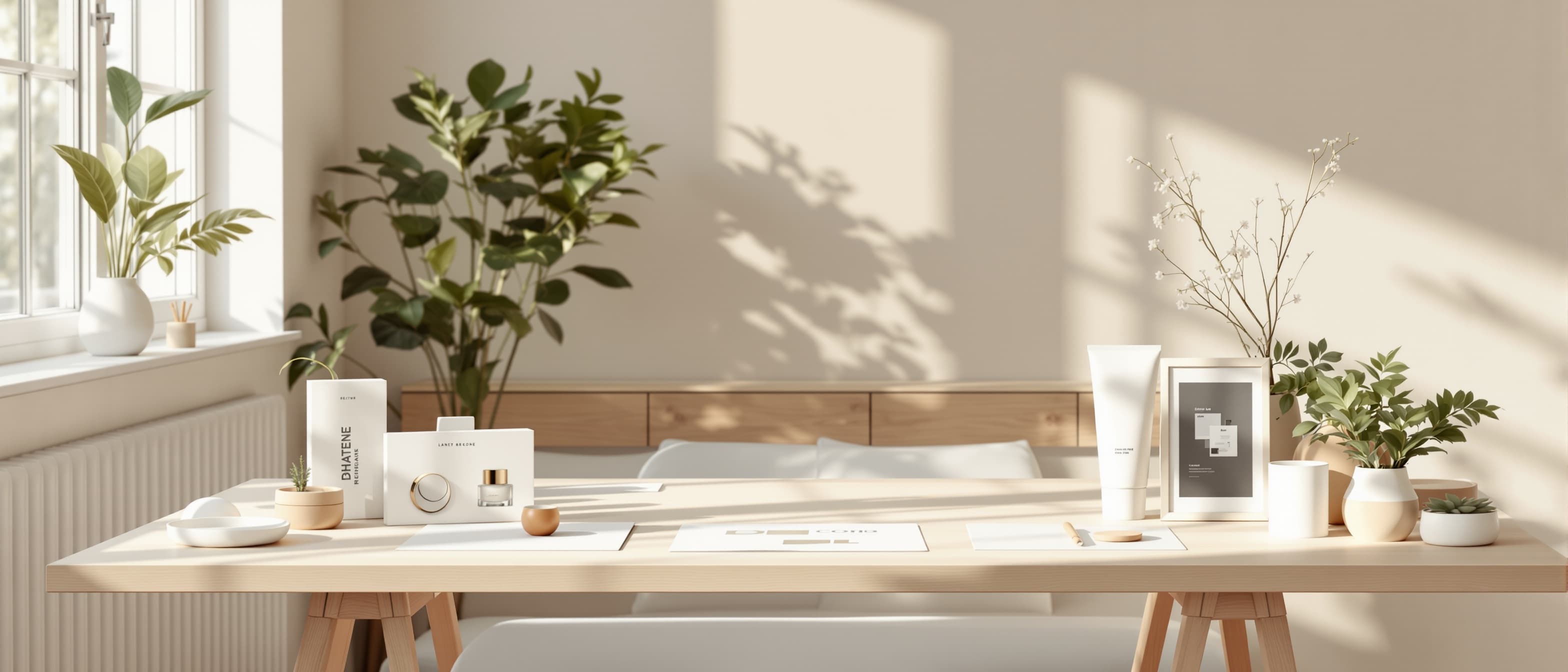 Creative studio workspace with light tones soft natural daylight product design atmosphere template cards