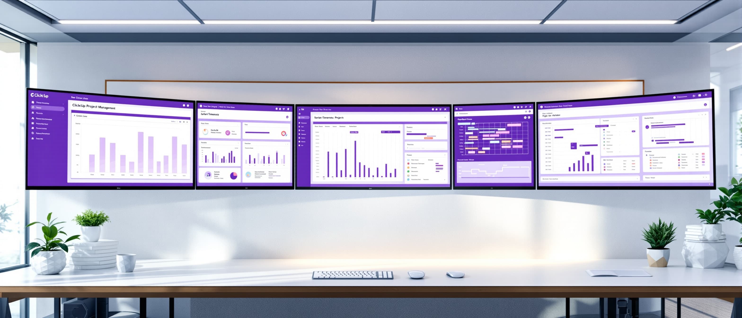 Expansive ClickUp project management workspace a wide panoramic arrangement of screens with Gantt charts Kanban