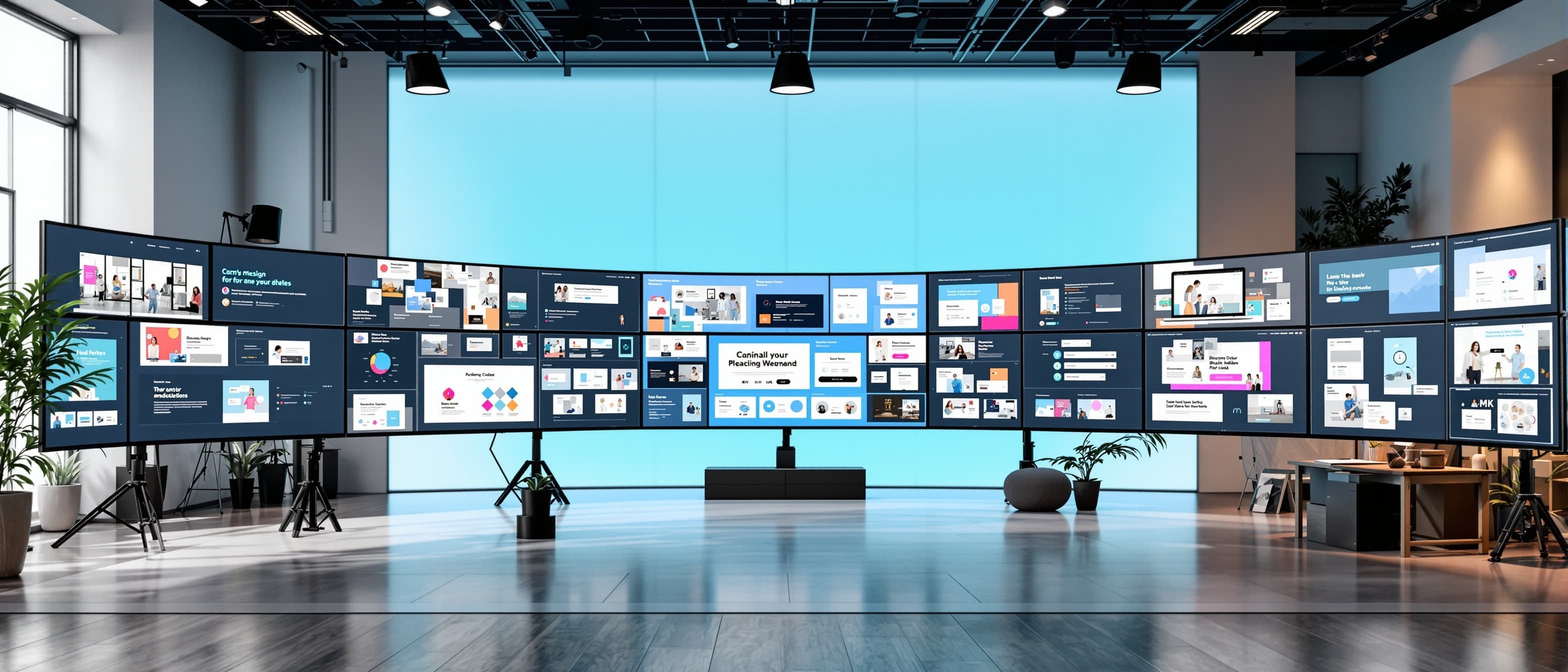 Expansive Canva design workspace panoramic arrangement of screens with colorful social media templates presentation