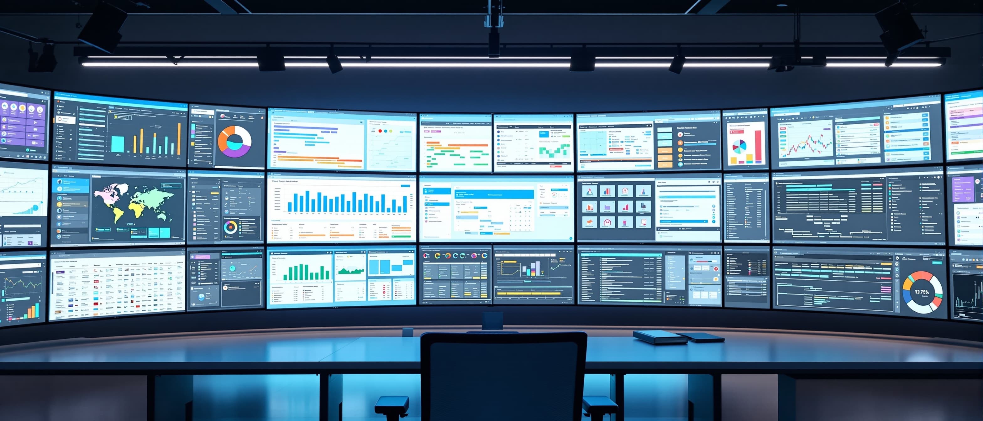 Expansive Airtable database workspace panoramic arrangement of screens with colorful spreadsheet grids calendar