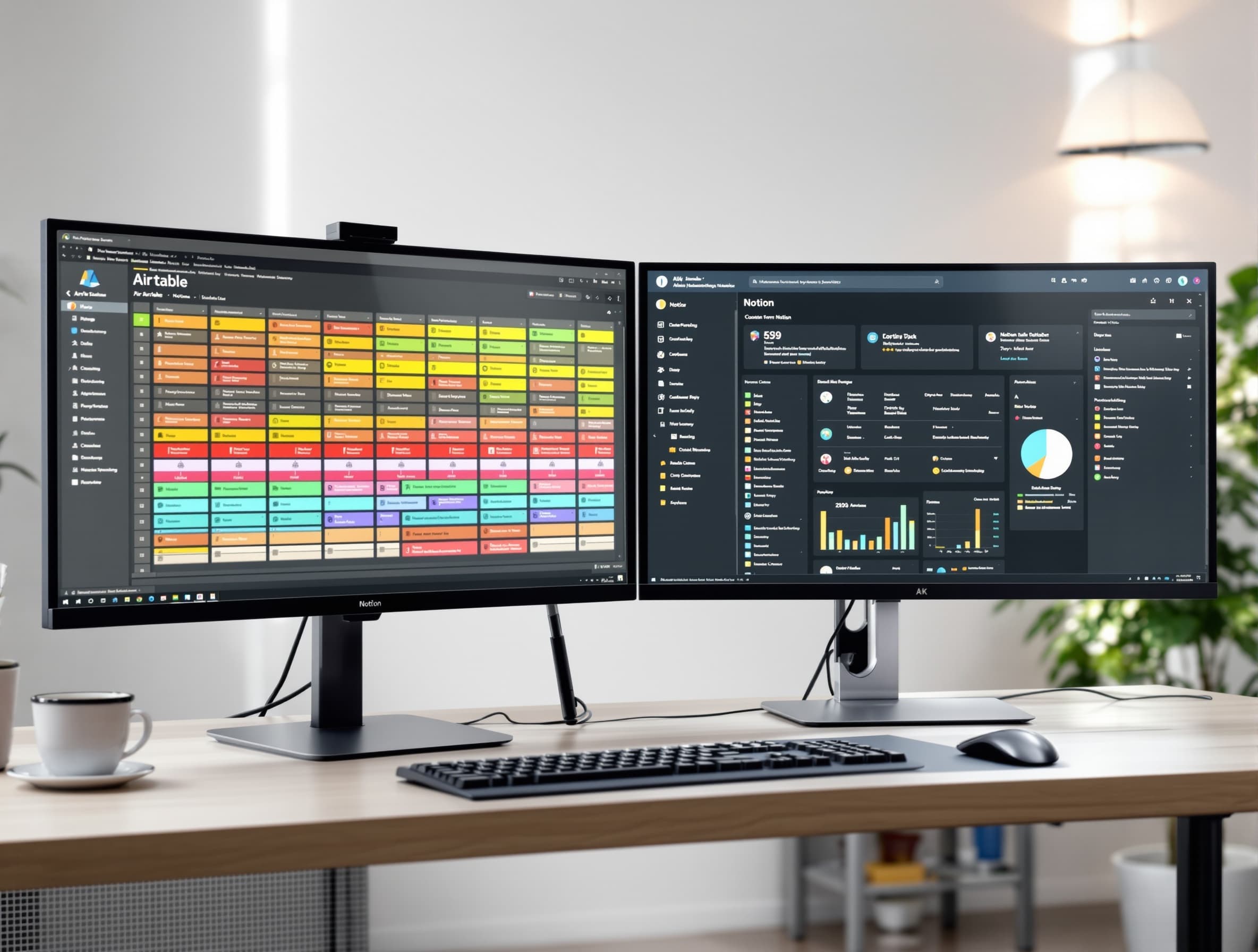 Split screen comparison with Airtable spreadsheet database on one monitor colorful grid views and linked records