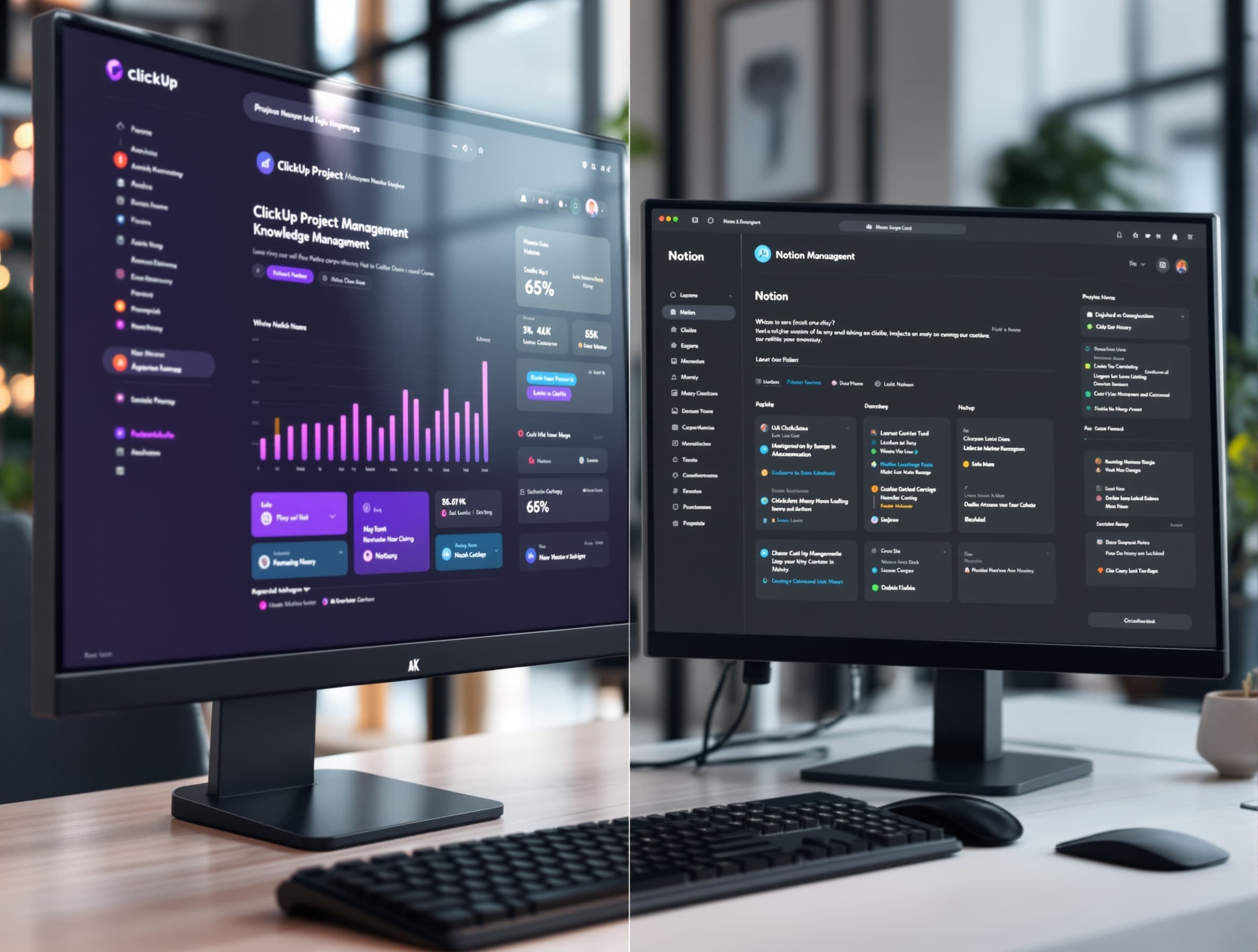 Split screen comparison with ClickUp project management dashboard on one monitor and Notion knowledge management