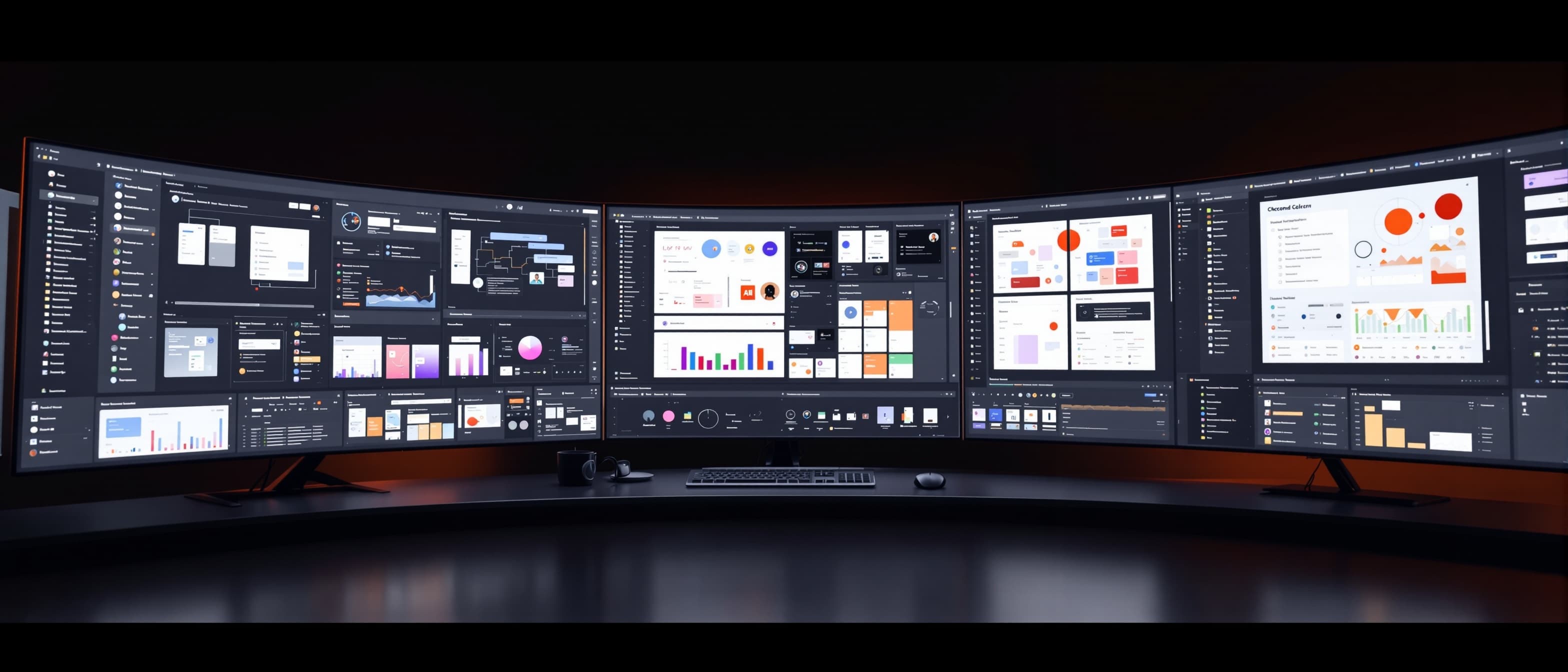 Expansive Figma design workspace panoramic arrangement of screens with UI component libraries design system