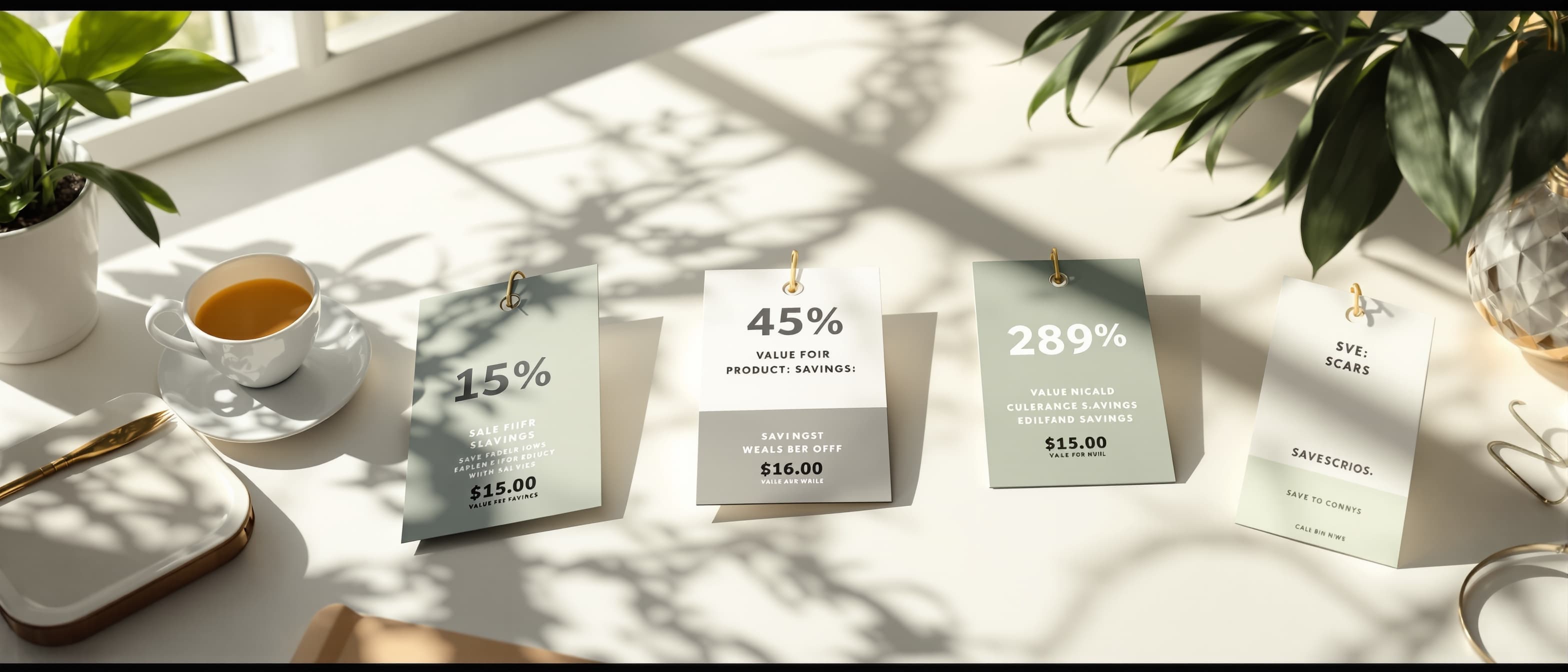 Deals and savings platform with price tags discount badges and curated product offers arranged on