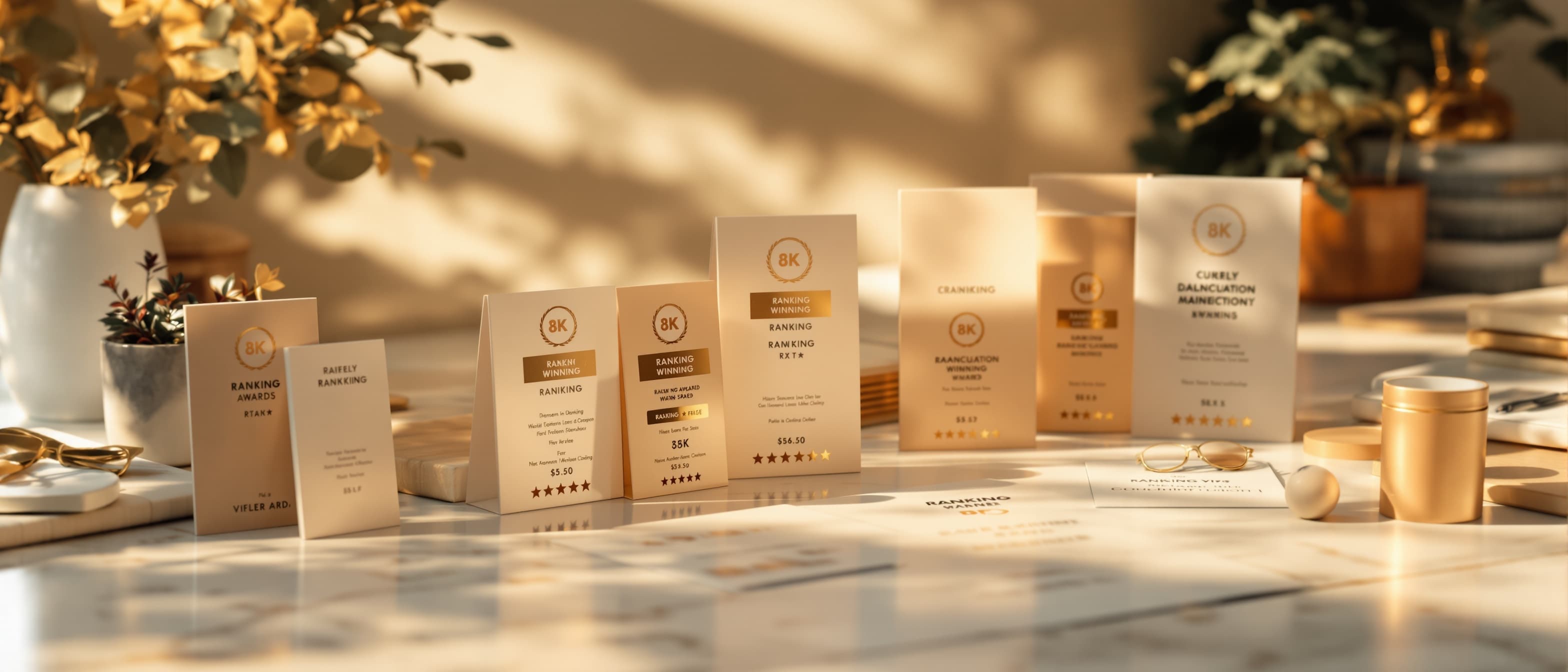 Curated collection of award winning products workspace with ranking cards golden badges and rating stars arranged