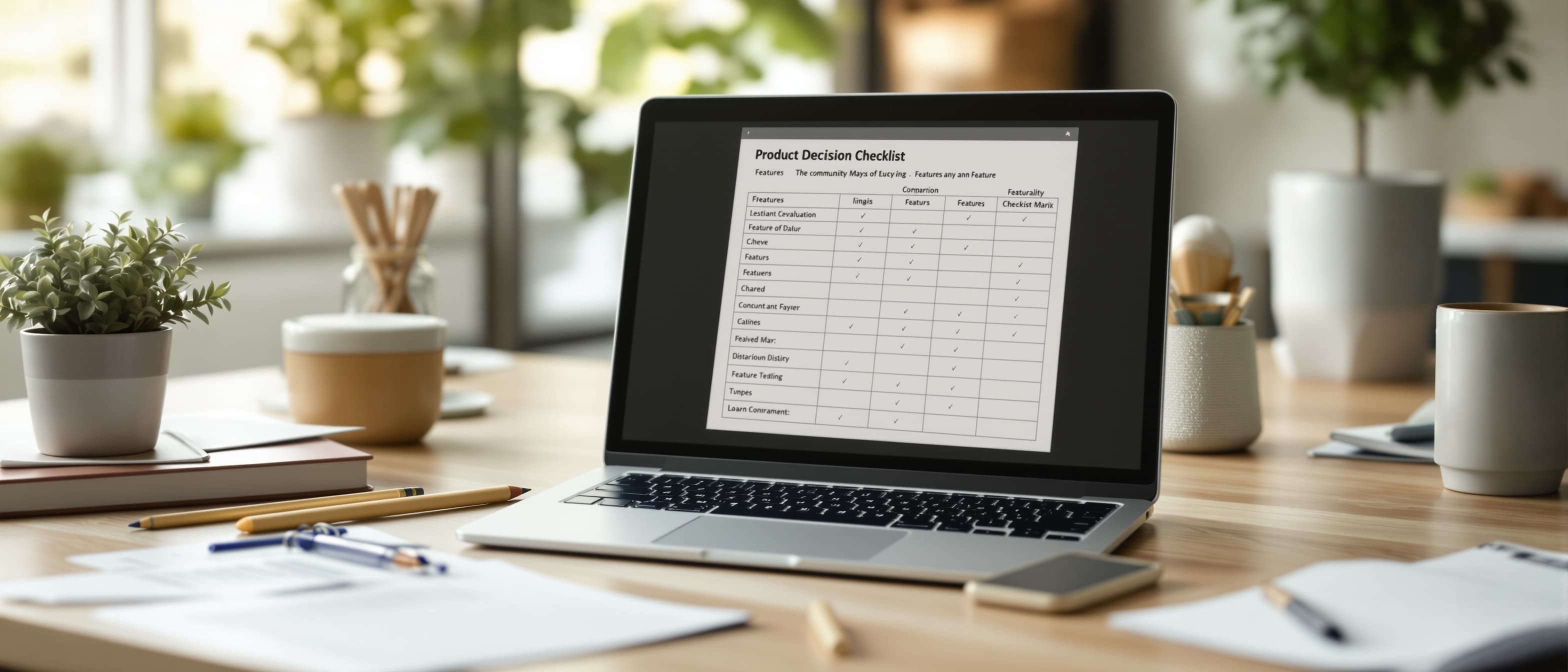 Buyer decision making workspace with laptop product comparison matrix checklist and feature evaluation document