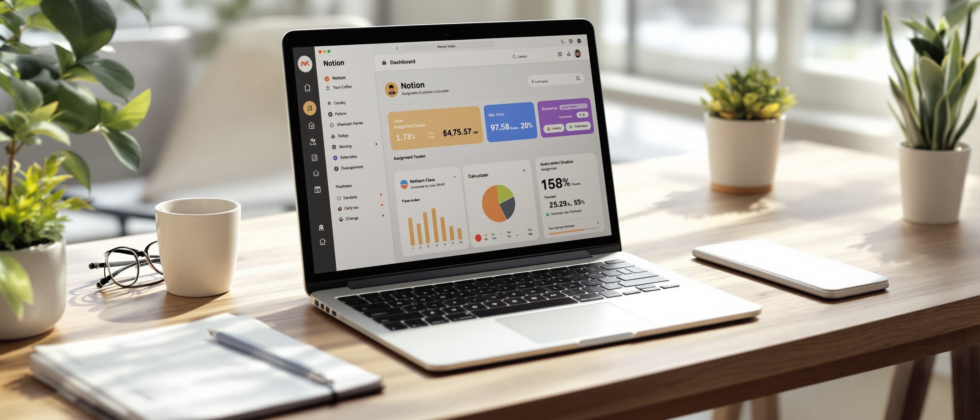 College student workspace with a laptop on a wooden desk a Notion dashboard screen class schedule assignment