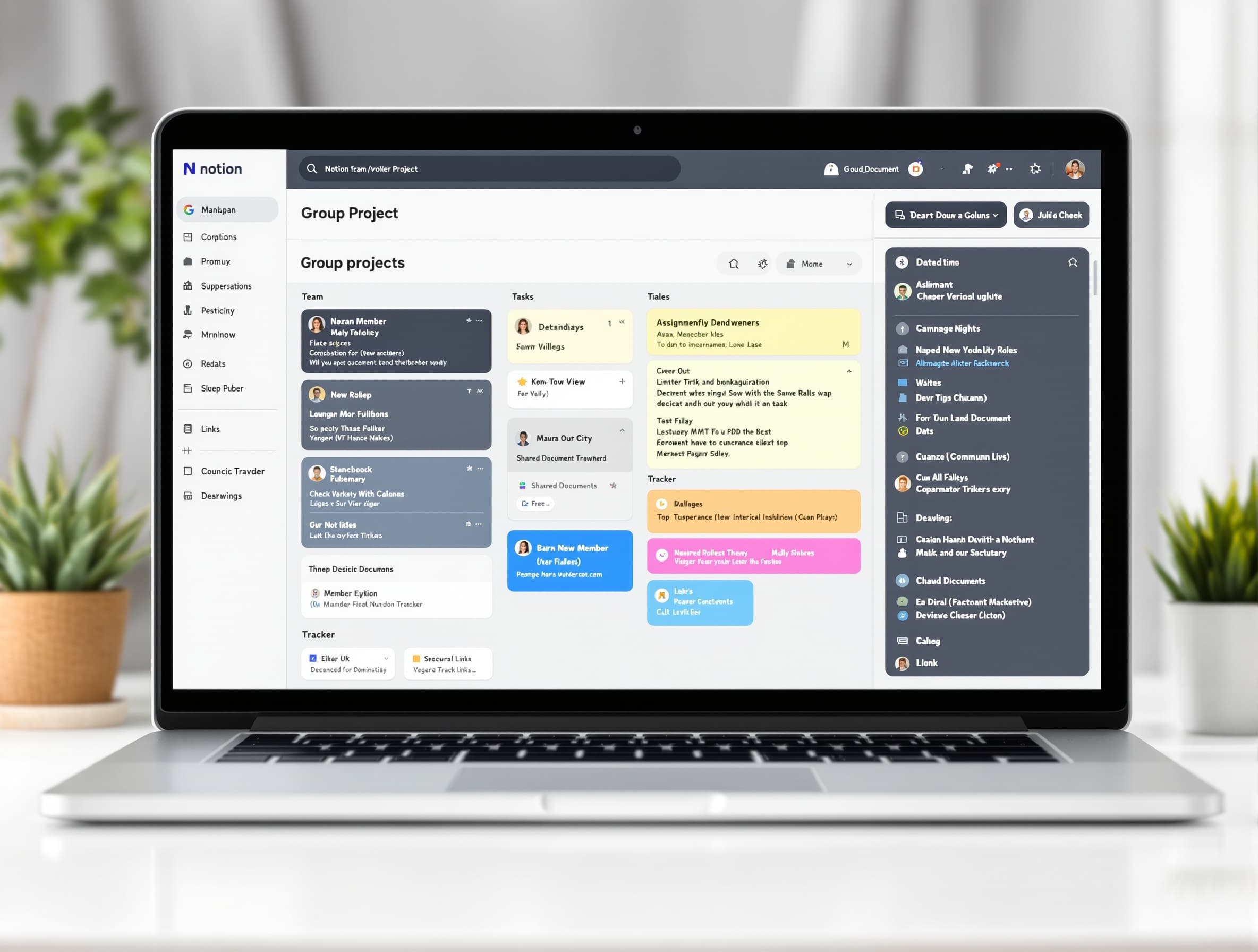 Notion group project management board with task assignments team member roles deadline tracker and shared document