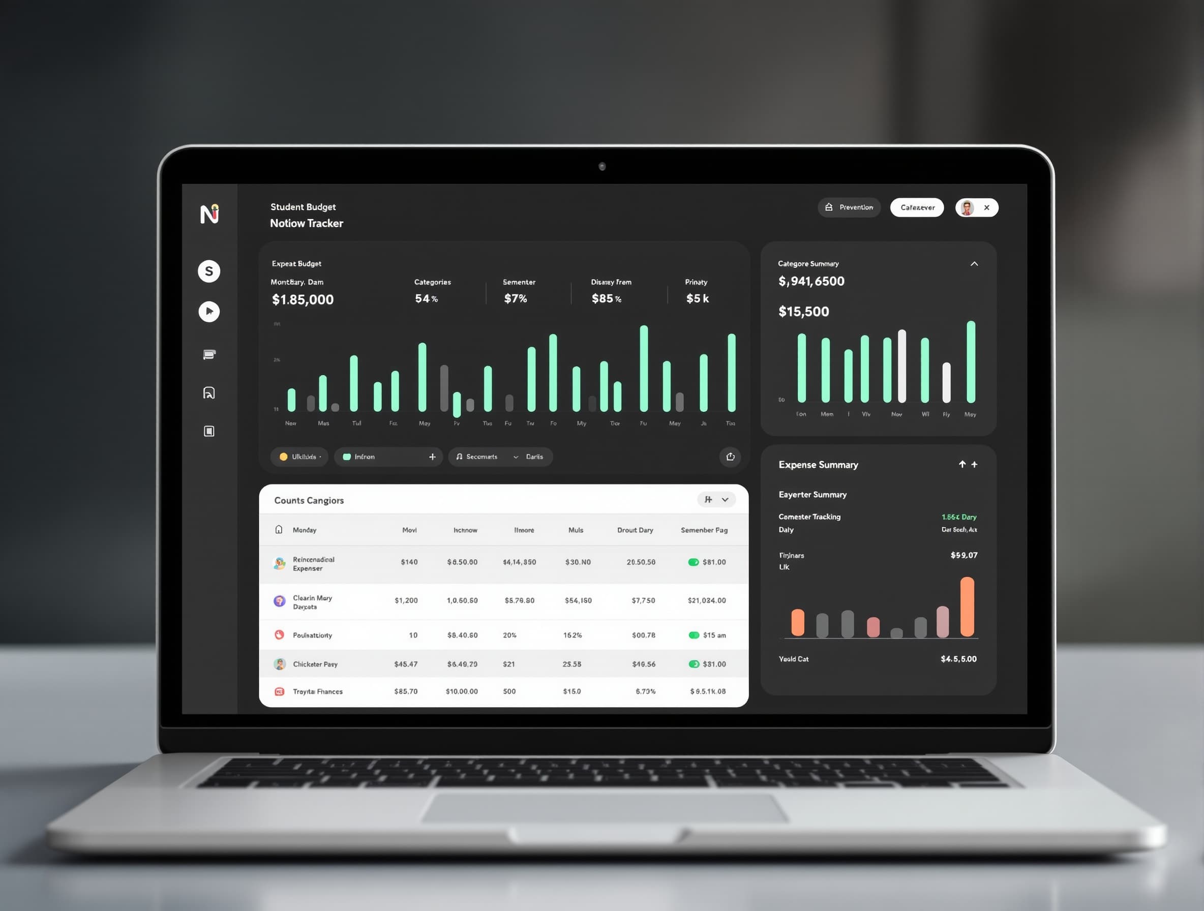 Notion student budget tracker dashboard with expense categories monthly spending charts income tracking