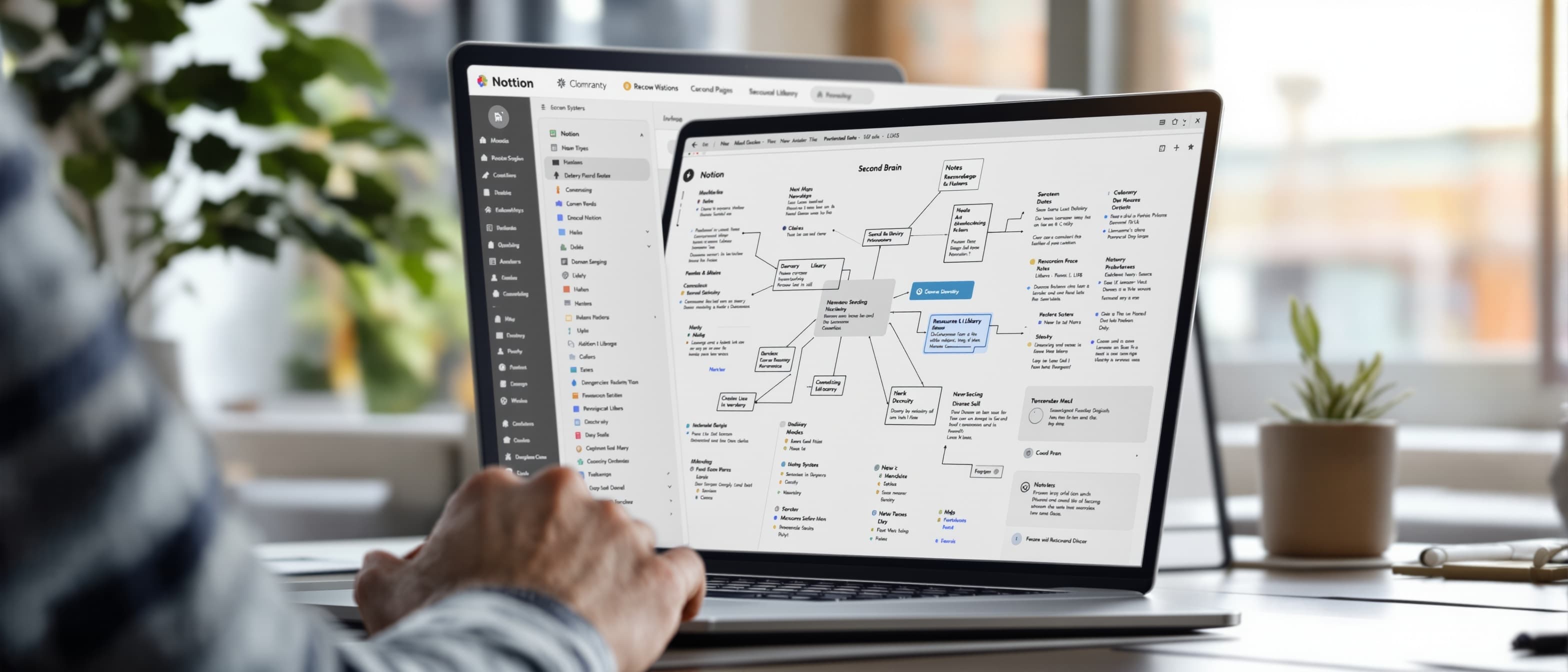 Digital knowledge management second brain system laptop screen with interconnected notes mind maps resource