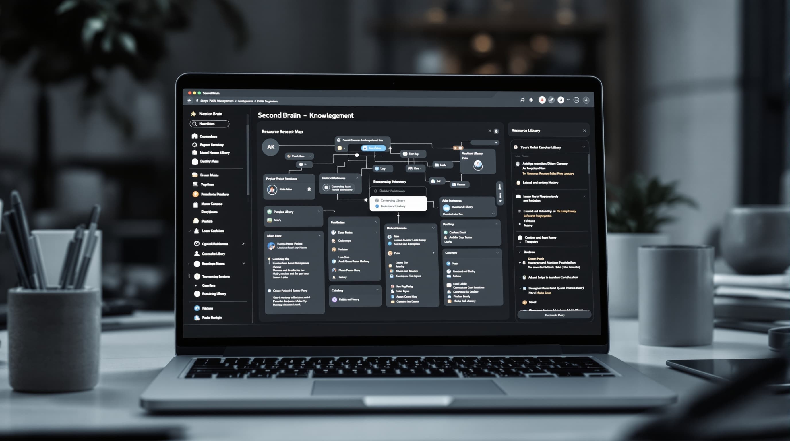 Second brain knowledge management Notion dashboard laptop with interconnected notes database resource library mind