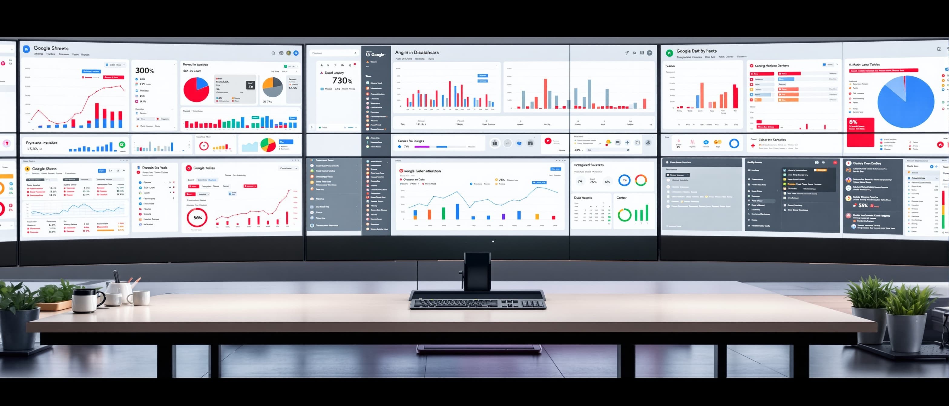 Expansive Google Sheets collaborative workspace panoramic arrangement of screens with team dashboards colorful