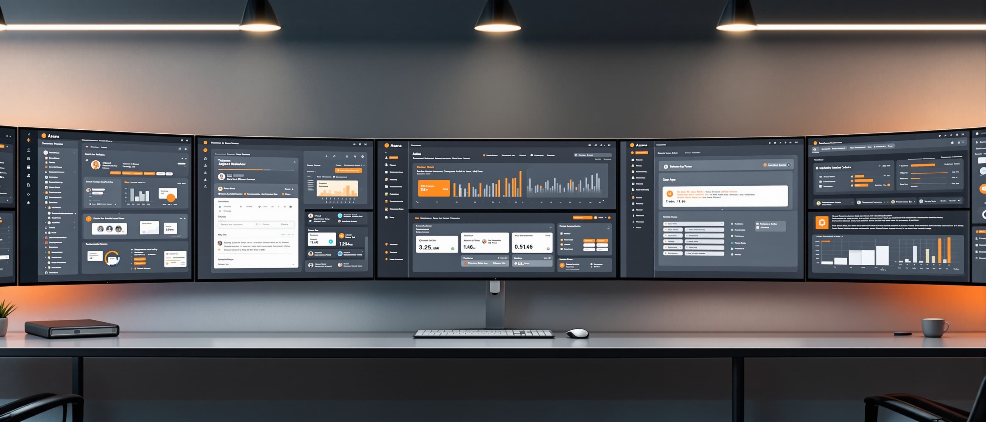 Expansive Asana project management workspace panoramic arrangement of screens with task boards timeline views team