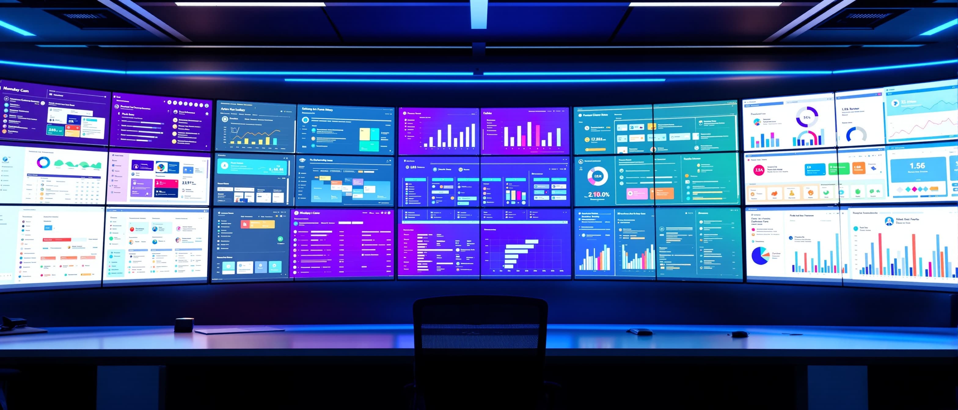 Expansive Monday.com work management workspace panoramic arrangement of screens with colorful project boards visual