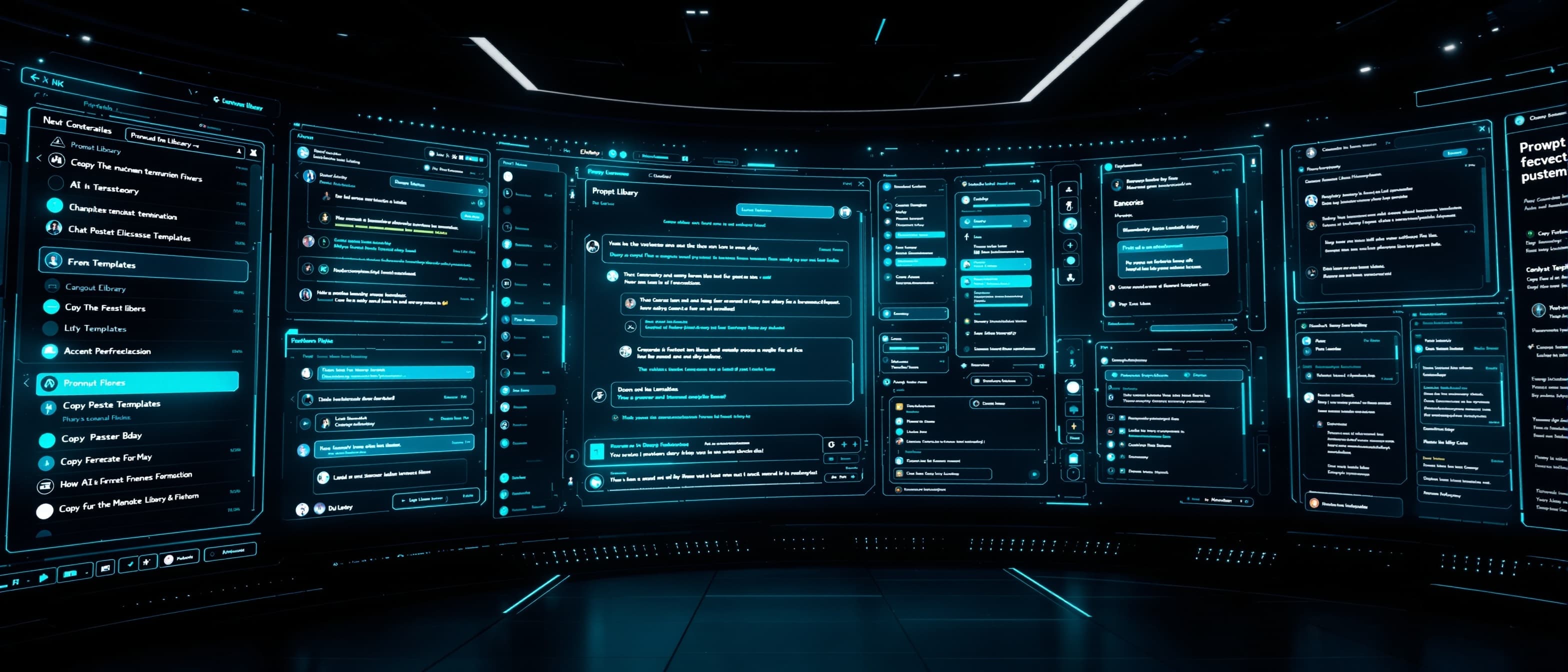 Futuristic AI chat interface panoramic arrangement of screens with prompt template libraries organized categories