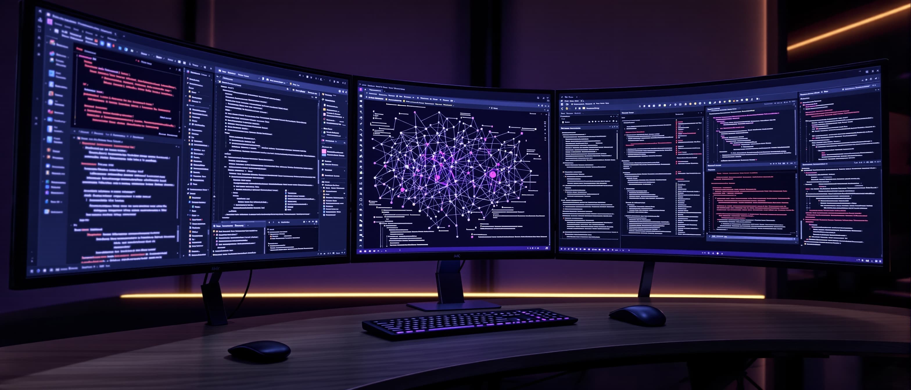 Expansive Obsidian knowledge management workspace a panoramic arrangement of screens