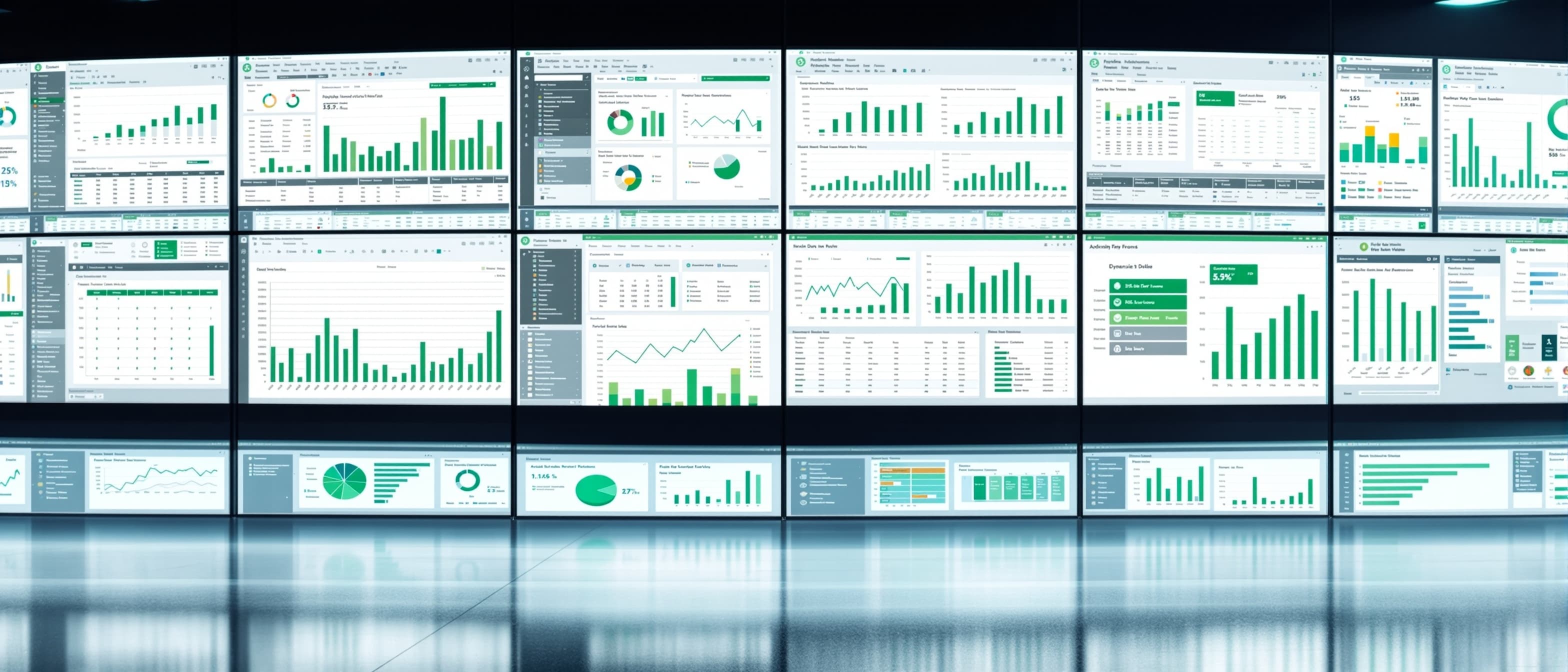 Expansive Excel spreadsheet workspace panoramic arrangement of screens with financial models charts pivot tables