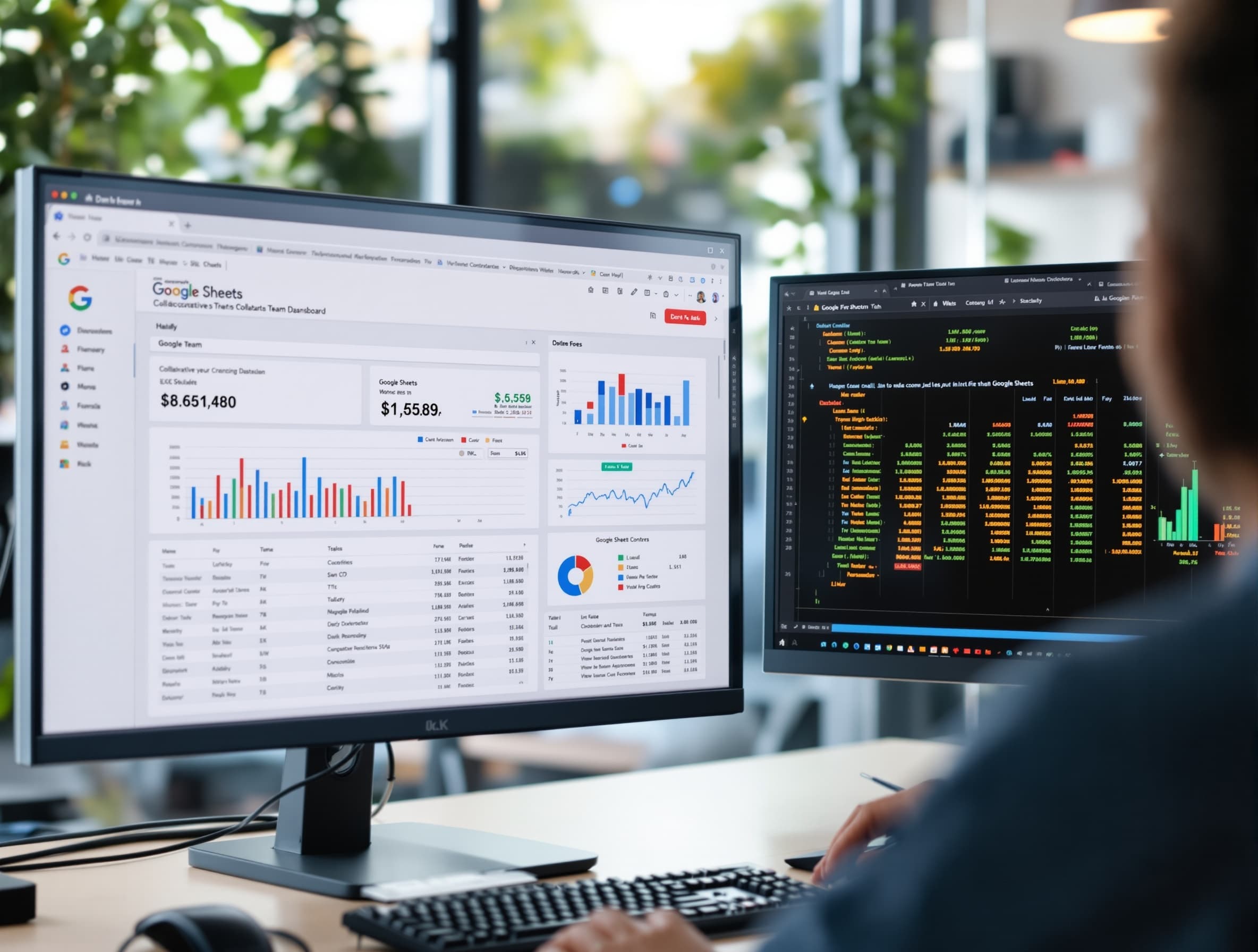 Split screen comparison with Google Sheets collaborative team dashboard on one monitor multiple user cursors